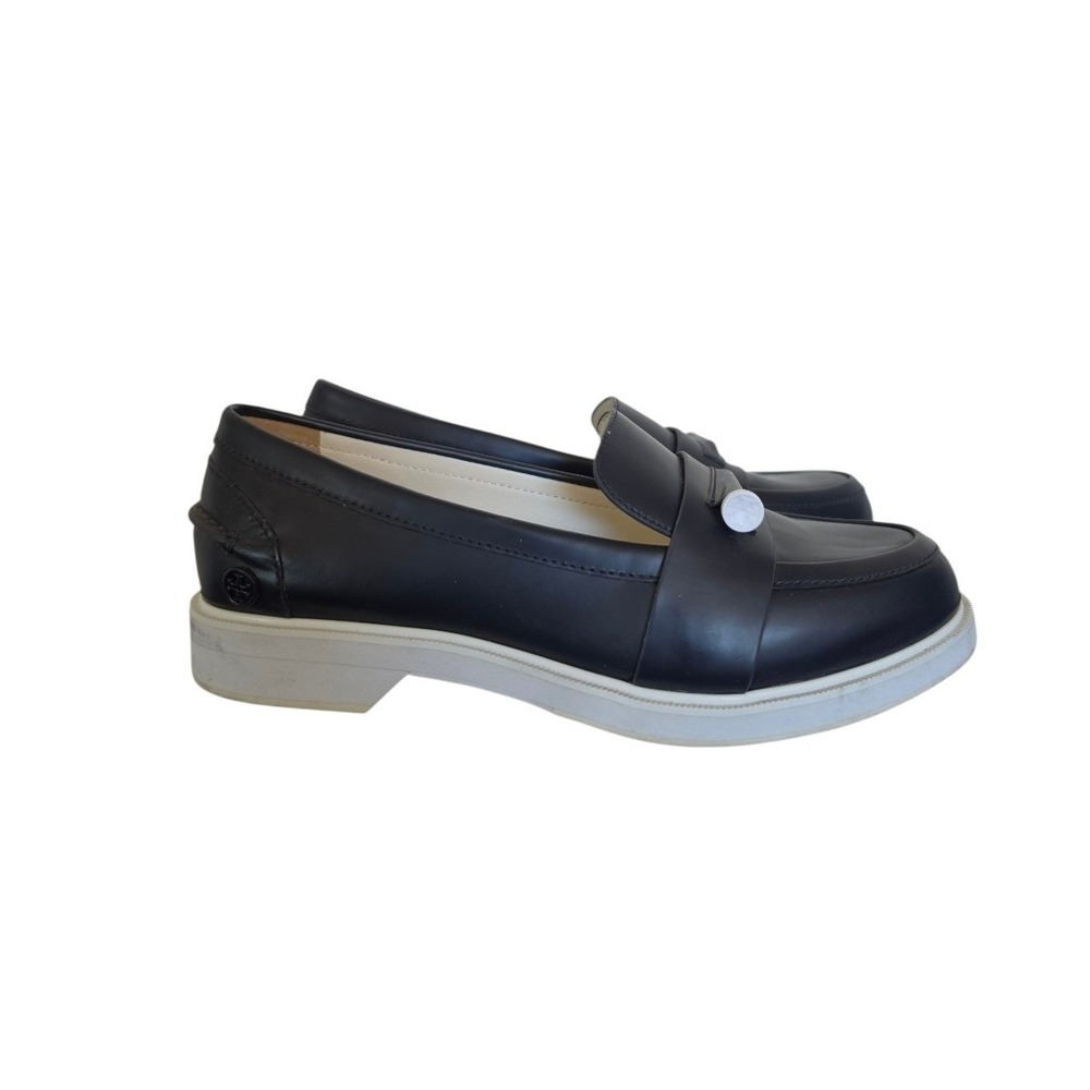 Tory Burch Navy Blue Leather Logo Minimalist Old Money Coastal Loafers‎ sz 6